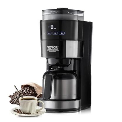VEVOR Coffee Maker with Grinder, 8 Cup Programmable Coffee Machine, Grind and Brew Coffee Maker with 3 Brew Strength Control, Reusable Filter, Removable Water Tank, for Home Office Restaurant