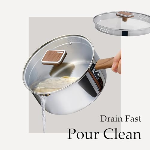 CAROTE1.5Qt & 3Qt Stainless Steel Saucepan Set, Triple Ply Stainless Steel Pot, Saucepan with Glass Lid, Small Sauce Pot with Wooden Handle, Easy Pour Rim, Mothers Day Gifts