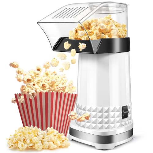 1200W Hot Air Popcorn Machine - 4.5-Quart Oil-Free Popcorn Maker with 2-Min Fast Popping, High Efficiency Air Popper with Anti-Clog Design for Healthy Family Snack (White)