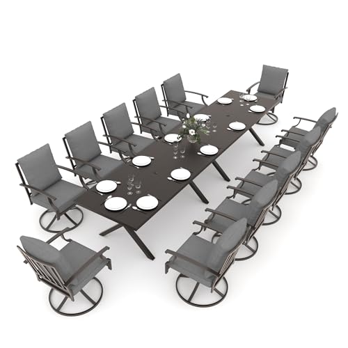 Gotland 14 Piece Outdoor Dining Set, Metal Outdoor Table and Swivel Chairs with X-Shaped Legs 1.5" Umbrella Hole, Patio Furniture Set with Waterproof Cushions, Patio Dining Sets for Deck Gray