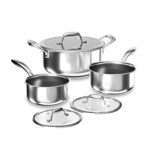 COOKER KING Stainless Steel 6 Pcs Pots Set, 1.5 & 2QT Saucepan and 5-Quart Pots with Lids, Non Stick, Non Toxic, Stay-Cool Handles, Induction, Oven, Dishwasher Safe