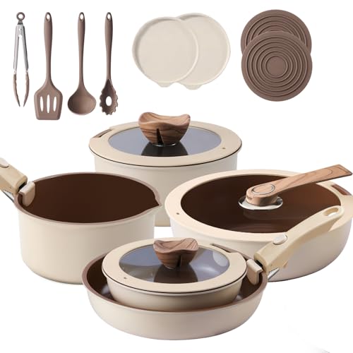 Filbee 17-Piece RV Pots and Pans Set with Detachable Handle, Stackable Nonstick Cookware Set, Thickened Base Brown Cookware Set, Ceramic Pots and Pans Set for Camper(PFOS, PFOA Free)