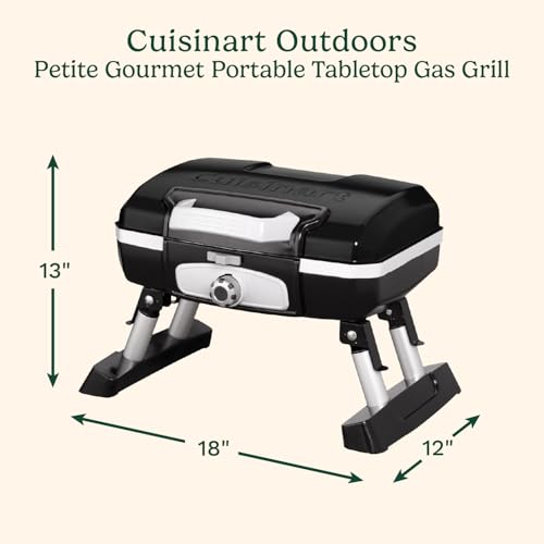 Cuisinart Petite Gourmet Portable Gas Grill, Compact & Lightweight Tabletop Small Grill for BBQs, Camping, Tailgates & Small Spaces, 5,500 BTU Burner Folding with Carry Handles, Black