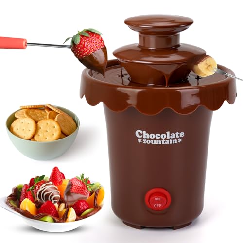 Yummy Sam 6oz Mini Chocolate Fountain Machine, 2 Tier Tower Plastic Cheese Electric Fountain BPA Free, Chocolate Melt Machine, for 2-3 People, Parties, 200ml Capacity with 10 Plastic Forks