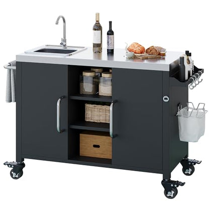 JIJIWANG 55.5" Outdoor Kitchen Island with Stainless Steel Sink, Outdoor Bar Cart Sink Station with 4 Lockable Wheel for Pizza Prep & BBQ Black