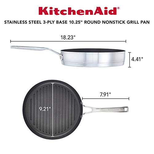 KitchenAid 71012 3-Ply Base Brushed Stainless Steel Nonstick Round Grill Pan/Griddle, 10.25 Inch
