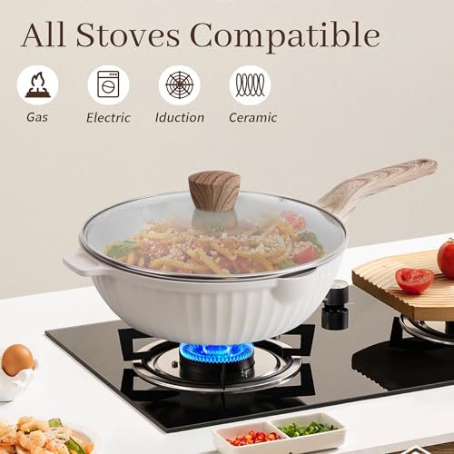Cuisinluv 13-Piece Nonstick Pots and Pans Set – Granite Stone Kitchen Cookware Set, PFOA-Free – Includes Frying Pans, Saucepans, Sauté Pan – Induction Compatible, White