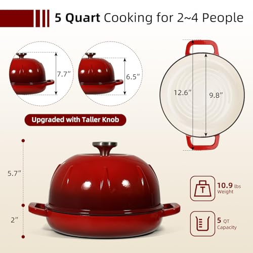 Davivy Enameled Cast Iron Sourdough Dutch Oven, 5QT Dutch Oven for Sourdough Bread, Round Cast Iron Bread Pan Bread Cloche - Cherry Red