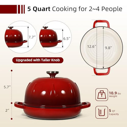Davivy Enameled Cast Iron Sourdough Dutch Oven, 5QT Dutch Oven for Sourdough Bread, Round Cast Iron Bread Pan Bread Cloche - Cherry Red