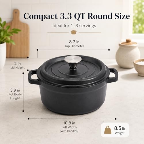 VIVIDCOOKWARE Enameled Cast Iron Dutch Oven with Lid, 3.3 QT Round Dutch Oven Pot, Matte Black Small Dutch Oven for Soup, Stew, Braising & Baking, Oven Safe to 500°F, Works on Induction, Gas & Electric