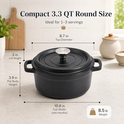 VIVIDCOOKWARE Enameled Cast Iron Dutch Oven with Lid, 3.3 QT Round Dutch Oven Pot, Matte Black Small Dutch Oven for Soup, Stew, Braising & Baking, Oven Safe to 500°F, Works on Induction, Gas & Electric