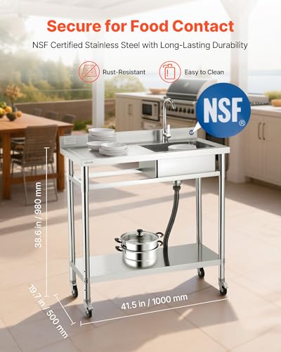 VEVOR Stainless Steel Utility Sink, Rolling Single Bowl Commercial Kitchen Sink with Wheels,Faucet and Hot & Cold Water Pipe,Utility Basin Workbench for Garage Restaurant Laundry 39.4 x 19.7 x 41.5 in