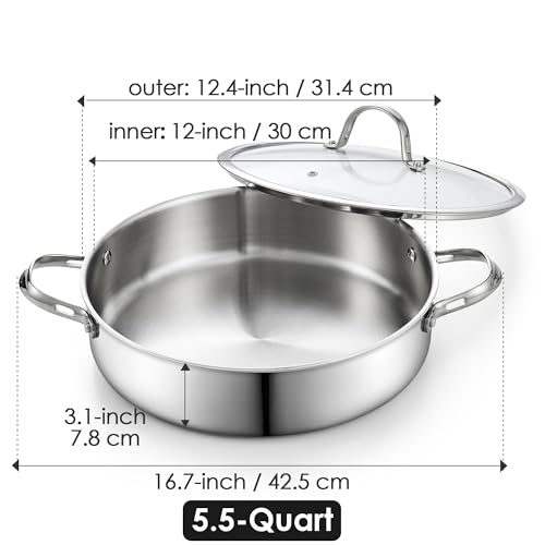 Cooks Standard 5.5-Quart Multi-Ply Clad Stainless Steel Deep Sauté Pan, 12-inch Frying Pan, Large Skillet with Lid Chef Induction Cookware, Stay-Cool Handle