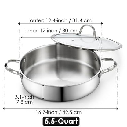 Cooks Standard 5.5-Quart Multi-Ply Clad Stainless Steel Deep Sauté Pan, 12-inch Frying Pan, Large Skillet with Lid Chef Induction Cookware, Stay-Cool Handle