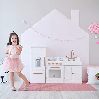 Teamson Kids Little Chef Paris Modular Contemporary Interactive Wooden Play Kitchen with Refrigerator, Oven, Sink, and Storage Space for Easy Clean Up, White with Rose Gold Finishes