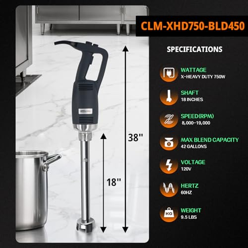 COOLUMA Commercial Immersion Blender, X-Heavy Huty 750W Handheld Blender, 18 Inch Detachable Shaft, 8,000-19,000 RPM Variable Speed, 42 Gallons Multifunction Pro Electric Stick Emulsifier.