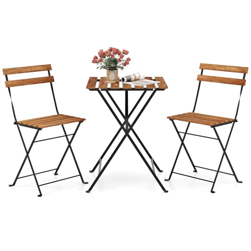 GIANTEX 3-Piece Acacia Wood Bistro Set, Patio Bistro Table with 2 Folding Chairs, Slatted Seat & Tabletop, Metal Frame, Outdoor Furniture Set for Backyard, Porch, Garden, Poolside (Black + Brown)