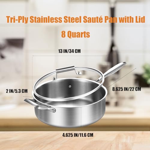 Inqibee Stainless Steel Saute Pan with Lid, 8 QT 13 Inch Tri-Ply Stainless Steel Deep Frying Pan, Large Skillet, Induction Compatible, All Cooktops, Oven & Dishwasher Safe