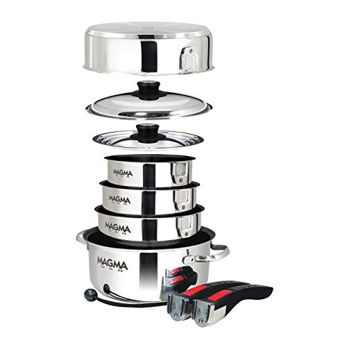 Magma 10 Piece Gourmet Nesting Stainless Steel Cookware Set with Ceramica Non-Stick, Induction Compatible, Oven Safe to 500°F - Suitable for All Stovetops, Removable Handles, Silver