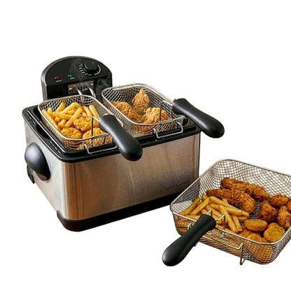 Deep Fryer - 4-Liter Electric Oil Fryer - 1 Large Basket and 2 Small for Dual Use - Stainless-Steel Cooker with Cool Touch Feature, See-Through Lid and Double Odor Filter Technology by Classic Cuisine