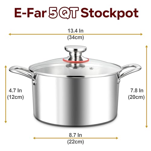 E-far 5 Quart Stock Pot with Lid, 18/10 Tri-ply Stainless Steel Stockpot for Induction Ceramic Gas Stoves, Heavy Duty Cooking Pot for Pasta Soup Stewing Simmering, Oven and Dishwasher Safe