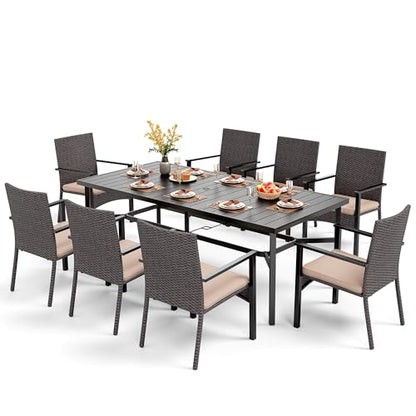 PHI VILLA 9 Piece Patio Dining Set, 83" Rectangular Table, Rattan Chairs