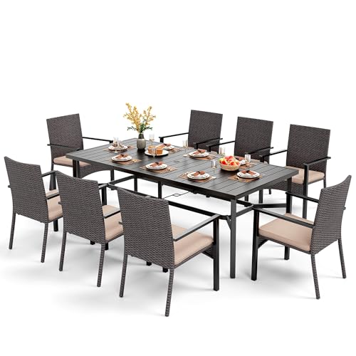 PHI VILLA 9 Piece Patio Dining Set, 83" Rectangular Table, Rattan Chairs
