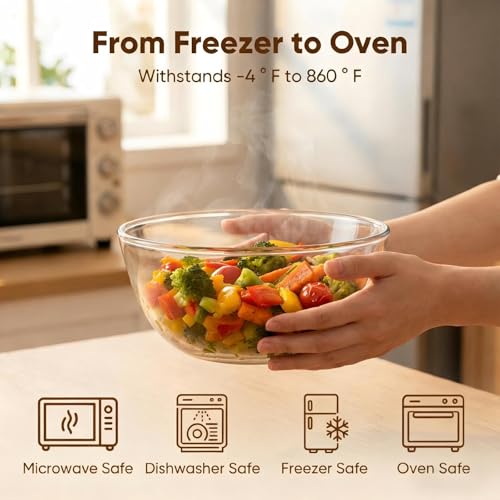 BECFISH Borosilicate Glass Mixing Bowls, Set of 3 (2.8, 2.2, 1.1QT) - Heavy-Duty, Scratch Resistant & Lead-Free. Oven, Microwave, Dishwasher & Freezer Safe. Ideal for Meal Prep, Baking, Serving.