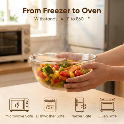 BECFISH Borosilicate Glass Mixing Bowls, Set of 3 (2.8, 2.2, 1.1QT) - Heavy-Duty, Scratch Resistant & Lead-Free. Oven, Microwave, Dishwasher & Freezer Safe. Ideal for Meal Prep, Baking, Serving.