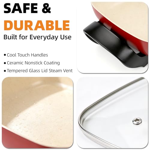 I-Keukenn 15'' Ceramic Nonstick Electric Skillet with Tempered Vented Glass Lid,Removable Easy-to-Clean,Thermostat Control to Prevent Overheating, Red