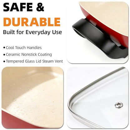I-Keukenn 15'' Ceramic Nonstick Electric Skillet with Tempered Vented Glass Lid,Removable Easy-to-Clean,Thermostat Control to Prevent Overheating, Red