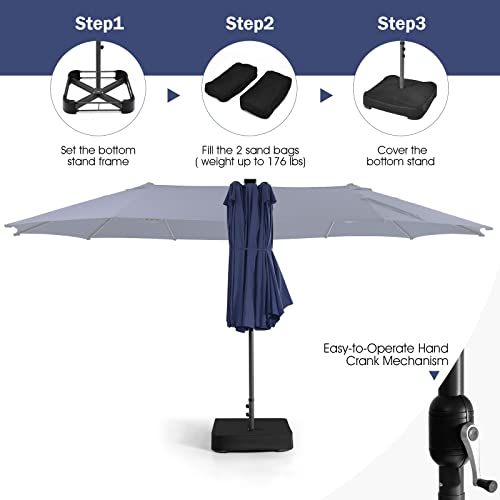Tangkula 11 Pieces Patio Dining Set with 15ft Double-Sided LED Patio Umbrella (Base Included), Outdoor Rattan Furniture Set with 8 Stackable Chairs, Acacia Wood Dining Table and Umbrella (Navy)