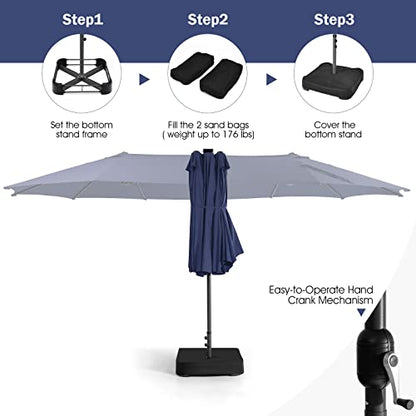 Tangkula 11 Pieces Patio Dining Set with 15ft Double-Sided LED Patio Umbrella (Base Included), Outdoor Rattan Furniture Set with 8 Stackable Chairs, Acacia Wood Dining Table and Umbrella (Navy)