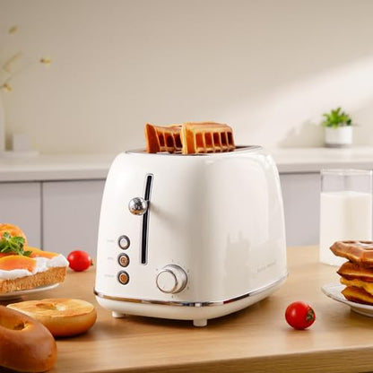 Roter Mond 2 Slice Toaster Retro Stainless Steel with Bagel, Cancel, and Defrost Functions, 6 Bread Shade Settings, Extra Wide Slots and Removable Crumb Tray, Cream