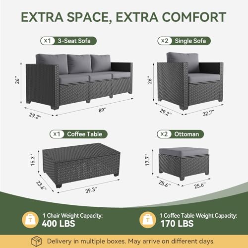 Aoxun 8 Piece Outdoor Patio Furniture Set 7 Seats, Outdoor Sectional with Waterproof Cushions, Patio Conversation Sets for Garden,Backyard, Deck, Porch, Black & Grey