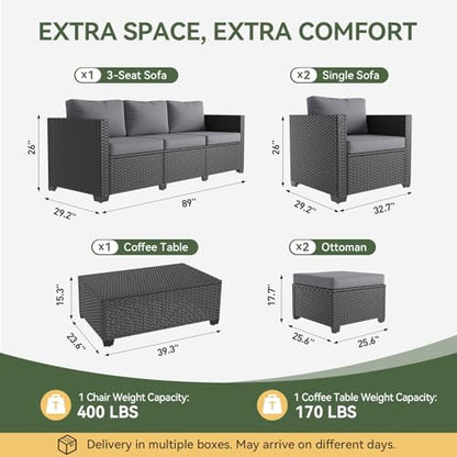 Aoxun 8 Piece Outdoor Patio Furniture Set 7 Seats, Outdoor Sectional with Waterproof Cushions, Patio Conversation Sets for Garden,Backyard, Deck, Porch, Black & Grey