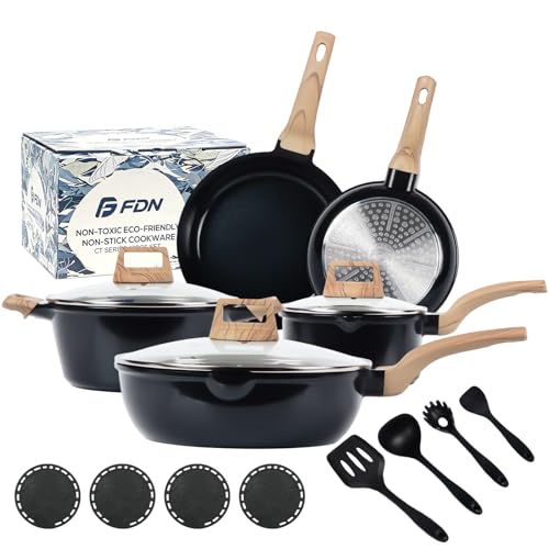 FDN 16Pcs Titanium Pots and Pans Set,Toxic-Free Cookware Set, Dishwasher & Oven Safe, Induction Compatible with Bakelite Wood Grain Handle, Compact and Durable