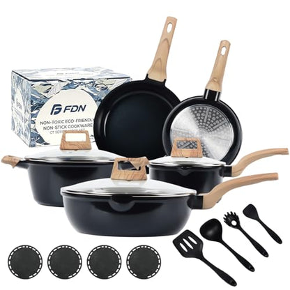 FDN 16Pcs Titanium Pots and Pans Set,Toxic-Free Cookware Set, Dishwasher & Oven Safe, Induction Compatible with Bakelite Wood Grain Handle, Compact and Durable