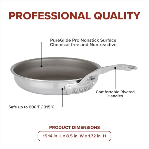 Viking PureGlide Pro 3-Ply Nonstick Frying Pan, Made without PFAS, 8-Inch Induction Cookware, Metal Utensil Safe Titanium Nonstick Surface, Oven Safe to 600F