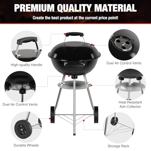 GRILIFE 18 inch Kettle Charcoal BBQ Grill, Perfect Barbecue Gift, Black