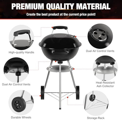 GRILIFE 18 inch Kettle Charcoal BBQ Grill, Perfect Barbecue Gift, Black