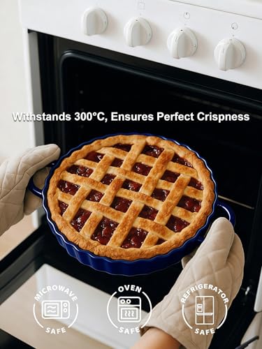 Yamteck 10×2in Deep Ceramic Pie Pan with Handles for Pie Quiche Tart Baking. Easy to grip, Lead-Free. Casserole Lasagna Dish for Thanksgiving Christmas Gift. Oven Microwave Dishwasher Safe. Blue