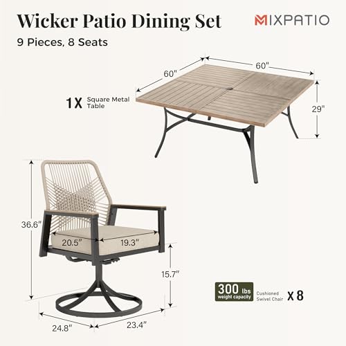 MIXPATIO 9 Pieces Outdoor Patio Dining Set, 57.5“ Metal Square Table with Umbrella Hole, 8 x Rope Rattan Swivel Chairs with 3.2" Cushion for Yard, Porch, Beige