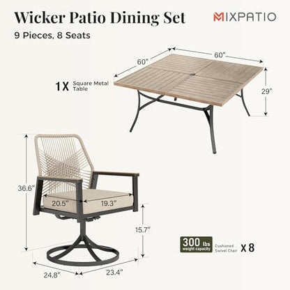 MIXPATIO 9 Pieces Outdoor Patio Dining Set, 57.5“ Metal Square Table with Umbrella Hole, 8 x Rope Rattan Swivel Chairs with 3.2" Cushion for Yard, Porch, Beige