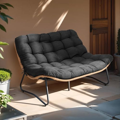 Outdoor Loveseat, Boho Rattan Patio Couch with Soft Cushion (Black)