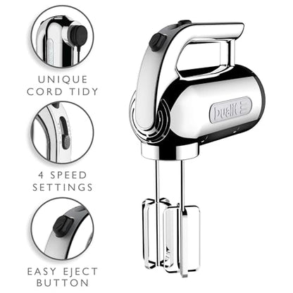 Dualit Hand Mixer - 300W- Strong Grip Handle - Attachments Included - Integral Plug Storage - 4 Speed Settings - Repairable gears - Flat Beaters, Dough Hooks, Balloon Whisk