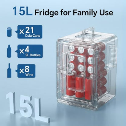Mini Fridge for Bedroom, 15 Litre/21 Cans Portable Mini Refrigerator with AC/DC Power for Office, Dorm and Car, Thermoelectric Electric Cooler & Warmer Skincare Fridge for Drinks, Food, Cosmetics