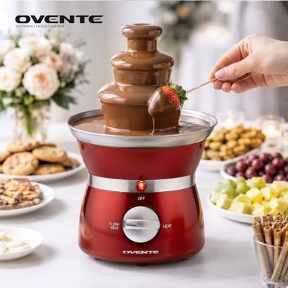 OVENTE 3 Tier Chocolate Fondue Fountain Machine, 6” x 6” x 9.4”, Red CFS73R