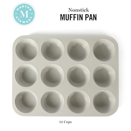 Martha Stewart Gallen 12-Cup Nonstick Carbon Steel Muffin and Cupcake Pan – Cool Grey, Durable Bakeware for Even Baking and Easy Release