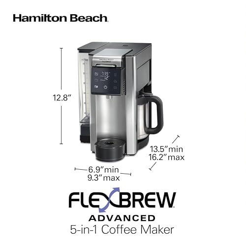 Hamilton Beach FlexBrew Advanced 5-in-1 Thermal Programmable 12 Cup Drip and Single Serve Hot & Iced Coffee Maker, Movable 60oz. Water Reservoir, Use Pod Packs and Grounds, Fast Brewing, Black (49929)